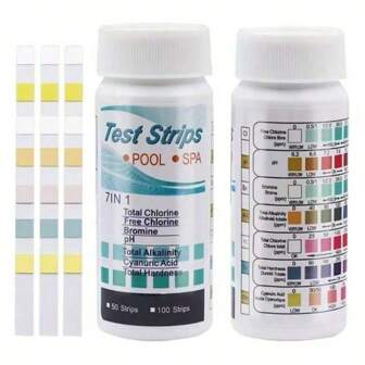 7 soorten teststrips voor aquaria, zwembaden en spa's, nauwkeurige teststrips voor zoet en zout water in aquaria, 50 teststrips voor vijvervissen voor pH, broom, alkaliteit, chloor, hardheid, cyaanzuur en vrij chloor.