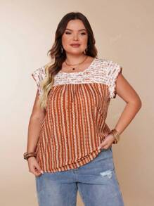 Plus Size Women Elegant Woven Colorblock Round Neck Dolman Sleeve Pleated Front Curved Hem Top, Rust Brown, Summer