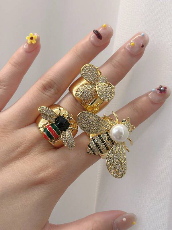 1pc Cute Insect Bee & Ladybug Rhinestone Decorated Ladies Jewelry Ring, Daily Wear Gift