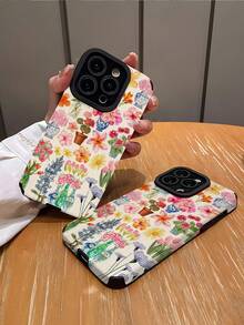 1pc Retro Blue Floral Vertical Striped Faux Leather Texture Anti-Fall Soft TPU Phone Case Compatible With Apple And 15/15 Plus/15 Pro/15 Pro Max Waterproof Shockproof Scratch Resistant - Multicolor - View 2