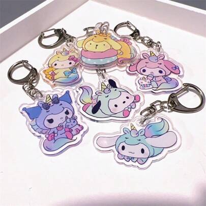 Sanrio 1/6-Pieces Set,New Cartoon Wonderland Unicorn Trio Kuromi Jade Guigou Acrylic Pendant Keychain, Small Gift Cute Pendant Keychain Cute Stitch Pendant Machine Small Gift,Mobile Phone Backpack Bag Keychain Pendant