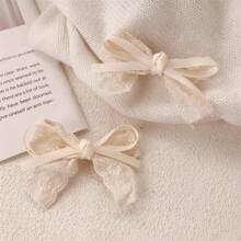 2pcs Elegant French Lace Bow Hair Clips - Sweet Beige Embroidered Barrettes For Girls, Perfect For Side Bangs & Updos