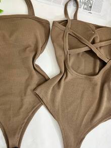 Women's Bodysuit With Braided Straps, Seersucker, Fashion Blogger - Khaki - View 2
