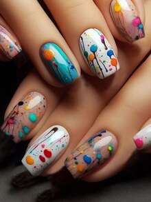 24 件中号方形尖头按压式指甲完美贴合亚克力假指甲套装，包括：1 个指甲锉 1 个果冻胶，适合女士和女孩日常生活派对使用美甲用品指甲 - 彩色 - 查看 1