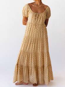 Woman Floral Puff Sleeve Maxi Dress Boho Ruffle Flowy Long Dresses Tiered A Line Summer Sundress - 黃色 - 查看 4