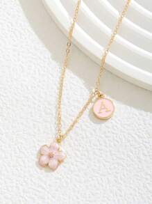 1pc Sweet Fashion Five-Leaf Flower & Initial Letter Double-Pendant Necklace For Girls Family Friends New Year Jewelry Gift For Daily Decoration