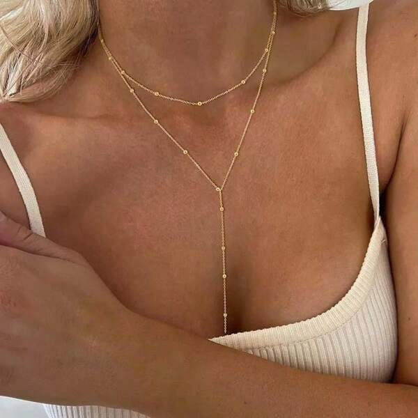 1 Stück neue Mode Gold Doppelkette lange Kette mit geometrischen Perlen & Quastenanhänger, vielseitiger Schmuck für Frauen, geeignet für Date, Urlaub, tägliches Outfit