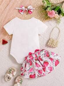 Half Way To One Newborn Baby Girls Birthday Outfits Letter Print Romper Bodysuit Top + Strawberry/Ice Cream/Orange/Watermelon Print Shorts + Bow Headband 3Pcs Clothes Set - 玫紅色 - 查看 2