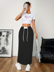 Women's Mid-Length Casual Skirt With Back Slit, Fashionable And Comfortable, Elastic Waist Long Skirt. - màu đen - Xem 3