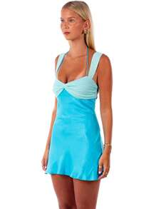 Summer Sexy Spaghetti Strap V Neck Halter Backless Bodycon Dress Elegant Stain Dress Blue Short Dress Evening Cocktail Party Dress For Women