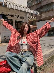 复古红色格子宽松休闲翻领衬衫，女款，春夏 - 紅色 - 查看 6