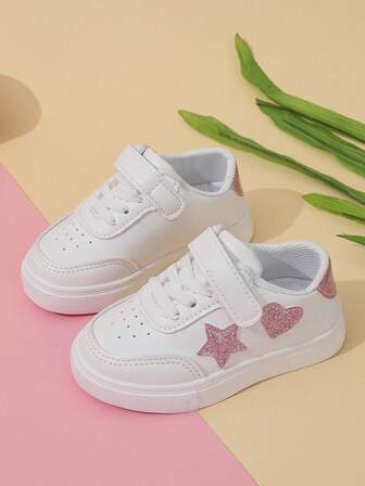 Children Cute White Casual Sneakers For Spring & Autumn, Cartoon Star & Heart Pattern, Comfortable Minimalist Style, Suitable For Outdoor Activities And Campus Outfits