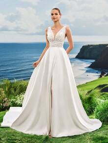 Vestido de noiva clássico de renda com ombros duplos, decote em V profundo, cauda dividida em cetim, elegante e lindo, vestido de noiva para banquete em igreja e hotel - Branco - Ver 3