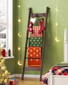 Blanket Ladder Shelf For Living Room, Decorative Wood Quilt Rack With 4 Removable Hooks, Farmhouse Ladder Holder Organizer For Bedroom, 6-Tier,Black Tea Brown