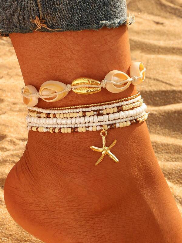 7pcs Bohemian Style Shell Rice Bead Foot Chain Starfish Pendant Women's Foot Chain Set