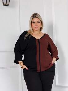 Maison Raglan Sleeve Blouse And Plus Size Trousers Summer Set - Rust Brown - View 3