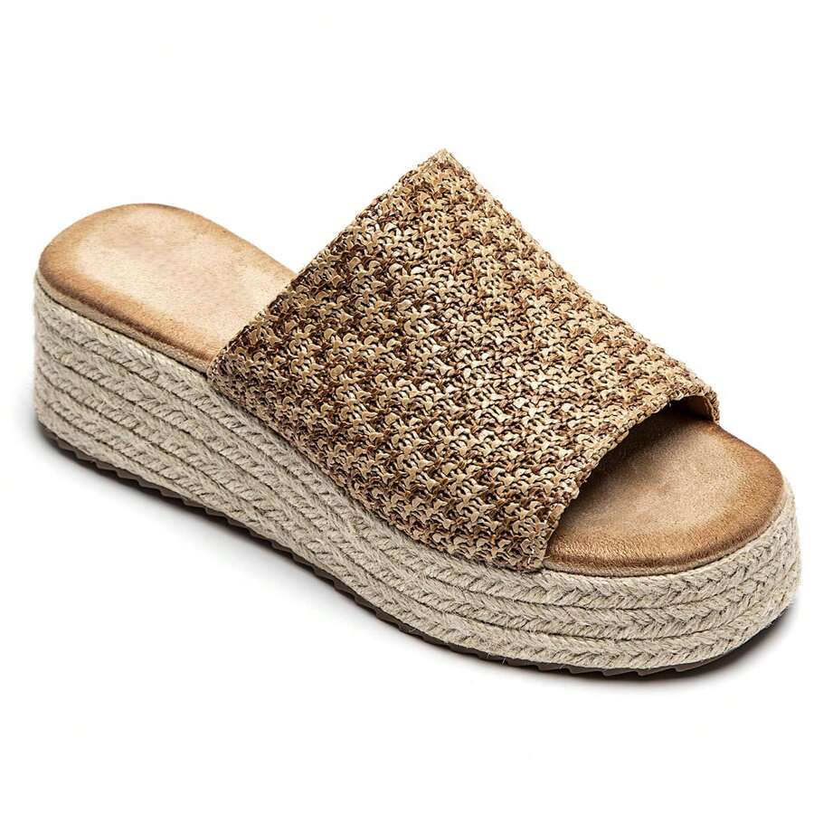 Mules à plateforme tressée avec semelle corde et motif tissé fantaisie - 駝色 - 查看 1