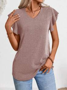 Women's Summer Short Sleeve Ruffle Ribbed Tops Casual V Neck T-Shirt