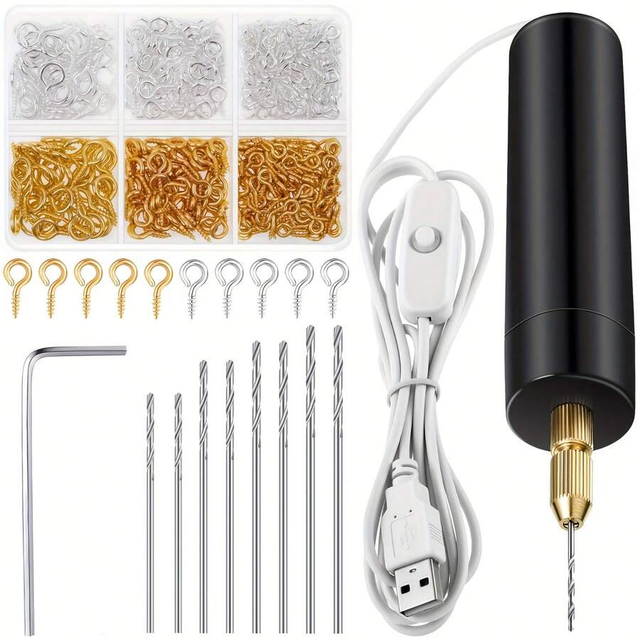 Electric Resin Drilling Set, Including 400 Golden And Silver Eye Screws, 8 Twist Drill Tools, Electric Mini Drill With Wrench, Hexagonal Pin Vise, Resin Casting Mold, DIY Keychain, Crafts Making, Used For Resin Plastic Wood Polymer Clay Jewelry Keychain Pendant Making - 黑色 - 查看 1