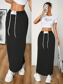 Women's Mid-Length Casual Skirt With Back Slit, Fashionable And Comfortable, Elastic Waist Long Skirt. - màu đen - Xem 1