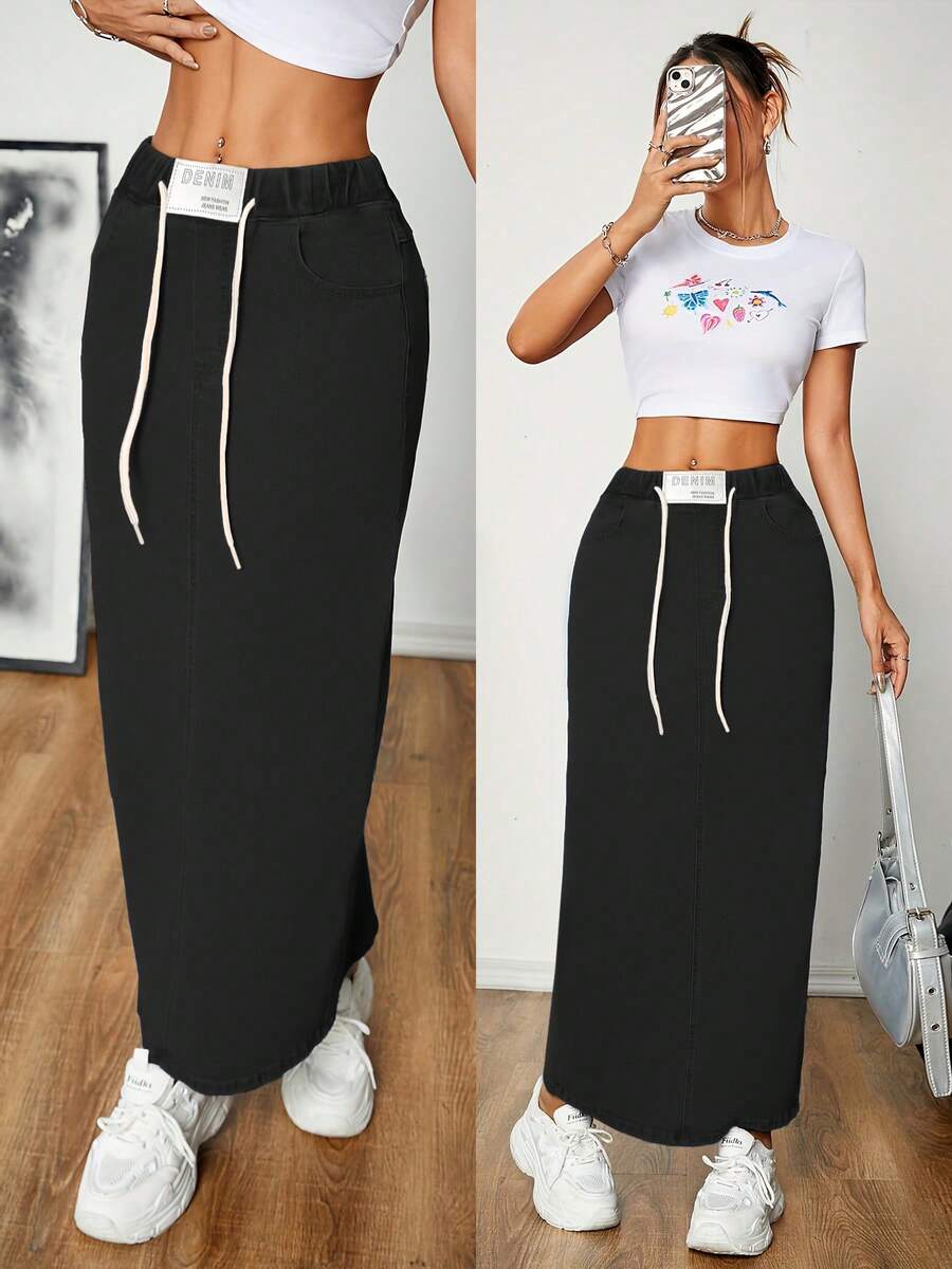 Women's Mid-Length Casual Skirt With Back Slit, Fashionable And Comfortable, Elastic Waist Long Skirt. - màu đen - Xem 1