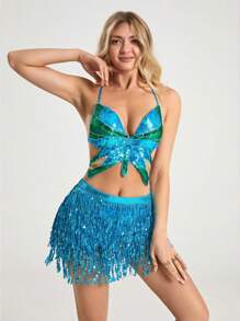 2pcs Halloween Sequin Butterfly Bra Top & Shorts, Dance Performance Costume, Belly Dancing & Latin Dances