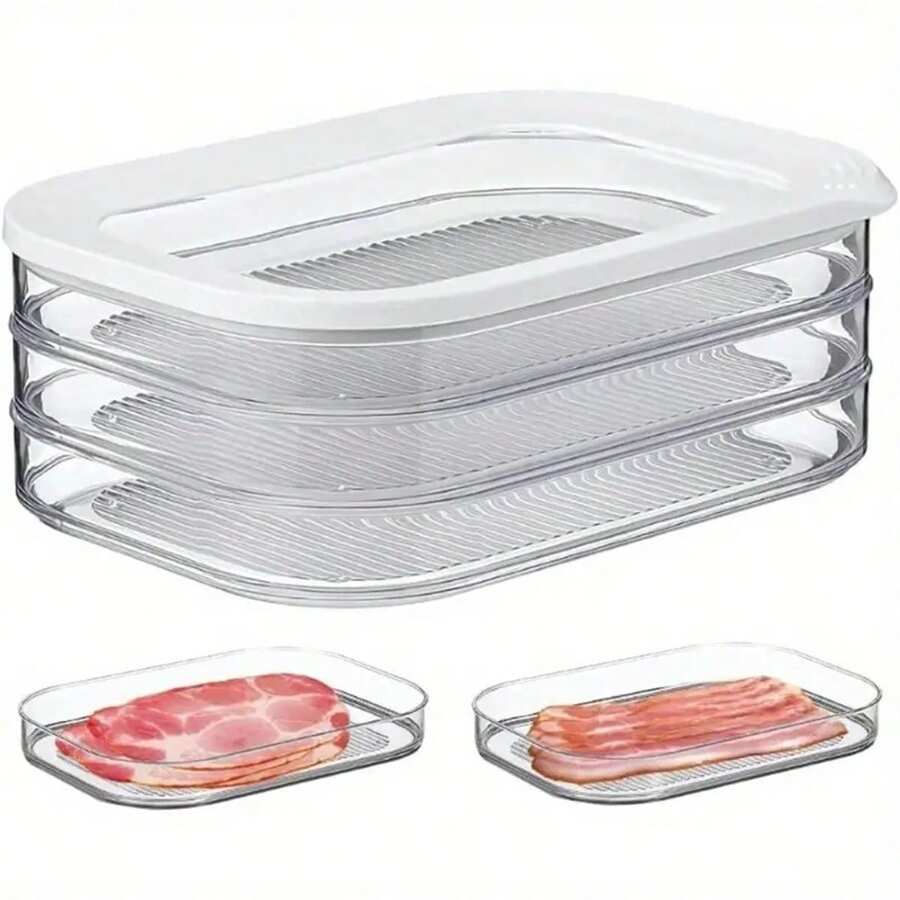 带盖三层防漏食品储存容器 - 适合冷盘、火鸡和午餐肉 - 塑料，厨房必备