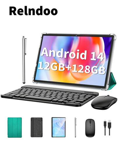 Relndoo Android Tablet With Keyboard And Mouse, Android 14 Tablets, 2 In 1 Tablet, 10 Inch Tablet With Laptop Case, Stylus, Data Cable, RK3562 Quad-Core 2.0 GHz, 12GB RAM+128GB ROM, 5MP+8MP Dual Camera, 1280*800px HD Touchscreen, 8000mAh Battery, Supports 1TB SD Expansion, 802.11n Wifi 2.4G/5G Wireless, GPS, Certified Tablet PC-Green