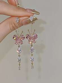 2 件轻奢甜美高级粉色方晶锆石蝴蝶流苏女士耳环宴会派对礼物 - 彩色 - 查看 2
