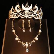 Premium 3 PiecesBridal Crown Headpiece Set With Chain, Baroque Style Large Crown, Necklace & Earrings, Shiny Vintage Zinc Alloy