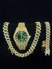 Conjunto de 3 piezas de reloj, collar y pulsera con Rhinestone, Reloj con correa de acero, calendario y caja de regalo para hombres y estudiantes, estilo hip-hop, conjunto de joyería de collar, pulsera y reloj de cumpleaños