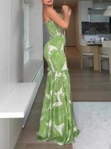 Tropical Print Drawstring Ruched Shirred Wooden Ear Edge Bandeau Vacation Dress Cinched Waist Slim Fit Ruffle Hem Mermaid Dress - màu xanh lá - Xem 2