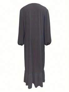 女士优雅纯色时尚泡泡袖荷叶边阿拉伯风格连衣裙，春季快速发货 - 深灰色 - 查看 5