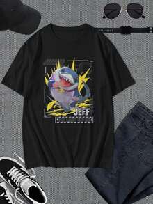 Camiseta de dibujos animados de Jeff el Tiburón Terrestre para hombre - Camiseta gráfica anime genial, top único para verano, regalo para fanáticos de dibujos animados de tiburones! - Negro - Ver 1