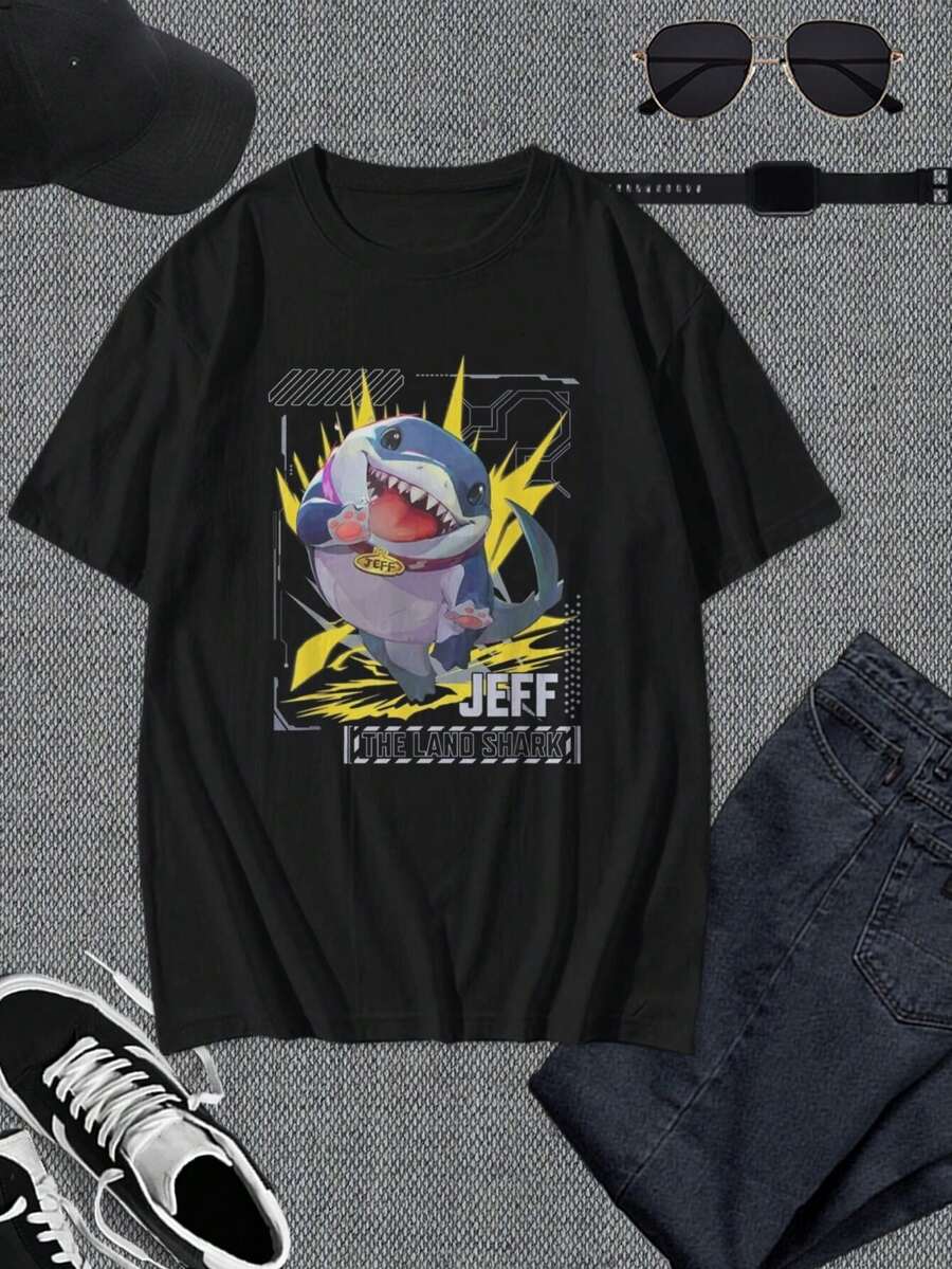 Camiseta de dibujos animados de Jeff el Tiburón Terrestre para hombre - Camiseta gráfica anime genial, top único para verano, regalo para fanáticos de dibujos animados de tiburones! - Negro - Ver 1