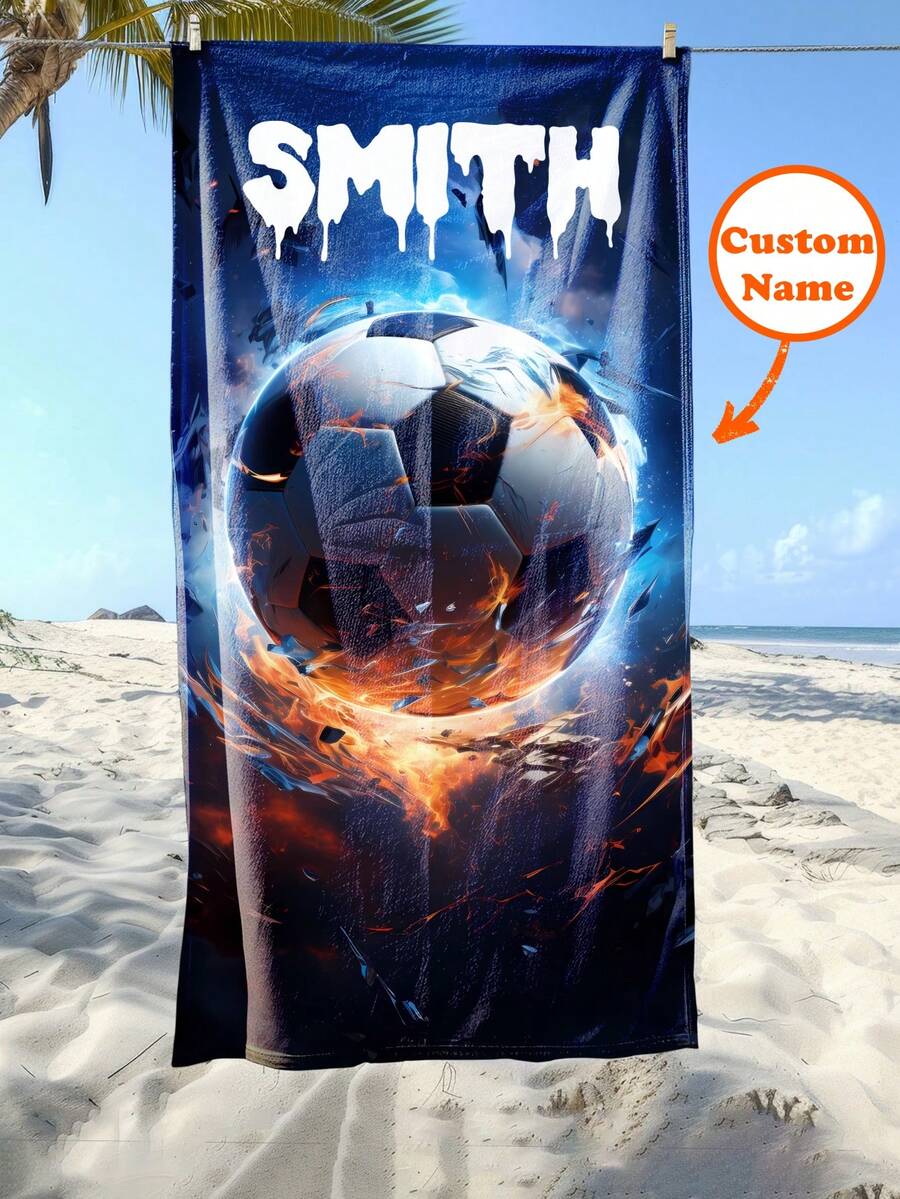 1PC Personalized Custom Beach Towel With A Cool Hand-Drawn Football-Themed Background Design. You Can Customize It With Your Name. Ideal For Use On The Beach, Beside The Pool, And During Beach Holidays. This Versatile Beach Towel Is Great For Outdoor Beach Activities And Travels, And Provides Comfort When You're Lounging, Sunbathing, Or Just Taking It Easy. It's A Unique Present For Her, Him, Mom, Dad, Girlfriend, Boyfriend., Sand Free - Multicolor - View 1