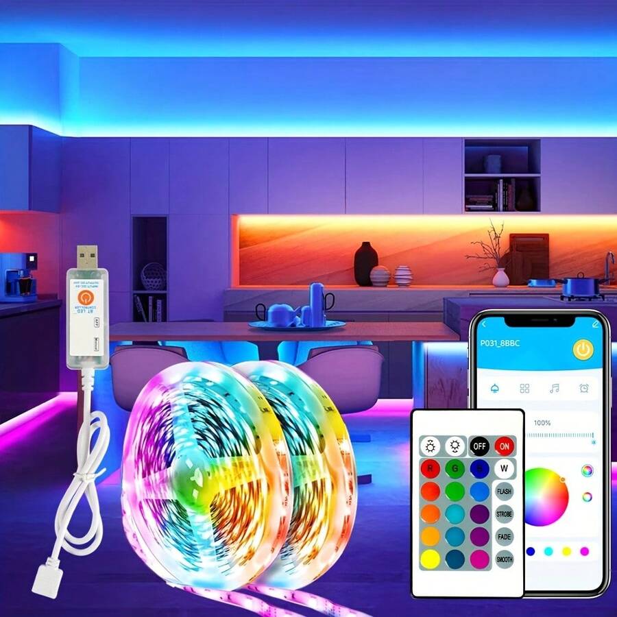 Tiras de luces LED alimentadas por USB, luces LED RGB con sincronización musical para dormitorio/retroiluminación de TV/iluminación de juegos, luces LED azules que cambian de color, control remoto IR y aplicación, sincronización