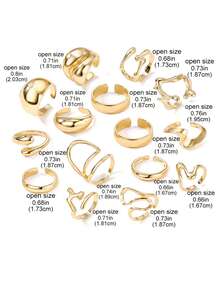 15pcs/Set Geometric Hollow Out Metal Rings, Asymmetrical Design, Simple Style Finger Rings For Women, Suitable For Daily Or Festival Wear - Gold - View 4