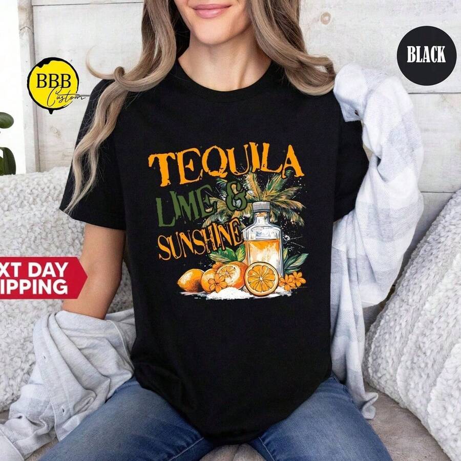 Tequila Lime And Sunshine Shirt, Summertime Shirt, Tequila Shirt, Alcohol Shirt, Tequila Lover Shirts, Summer Vibes Shirt, Drinking Shirt - Black - View 1