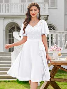 MIUSOL Women Plain White V-Neck Lace Sequin Insert Chiffon Ruffle Cocktail Party Swing Dress Elegant Prom Semi Formal Wedding Guest Dress, For Birthday, Graduation, Homecoming - White - View 5