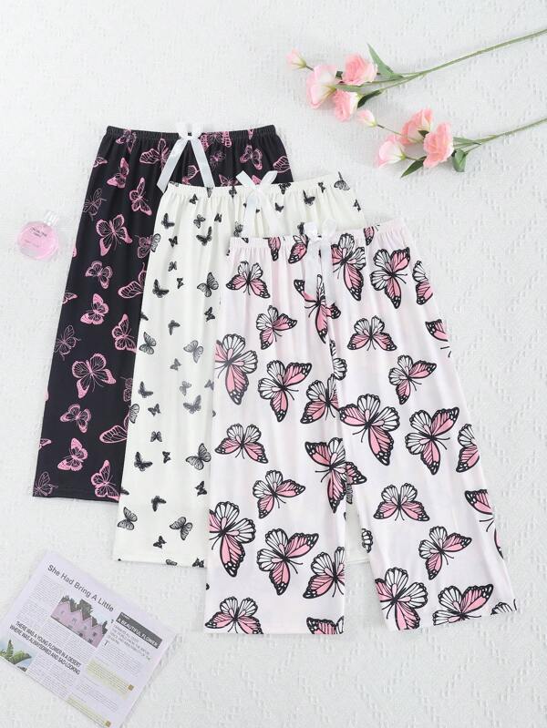 Conjunto de pijama feminino casual com 3 peças, estampa de borboleta fofa e decoração de laço, calças 3/4, roupa de casa