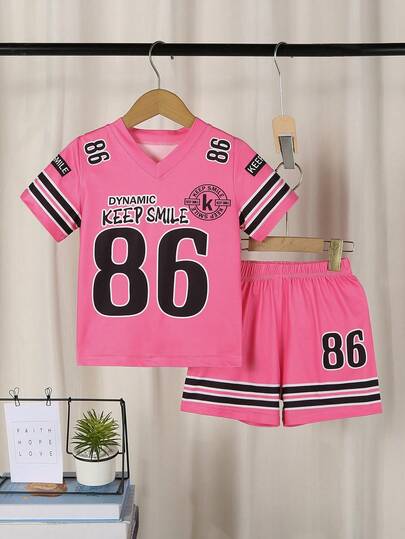 2pcs/Set Toddler Girls Letter Graphic V-Neck Digital Print Short Sleeve Top And Shorts Sets, Casual Breathable Hockey Jersey, Black