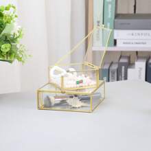 Desktop Transparent Glass Copper Edged Jewelry & Cosmetics Storage Organizer Box, Dust Proof Display Case Valentine Day Back To School