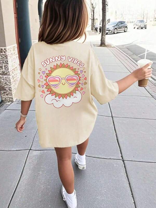 Girl/Teenage Student Casual Printed Round Neck Short Sleeve T-Shirt, Apricot, Summer Top