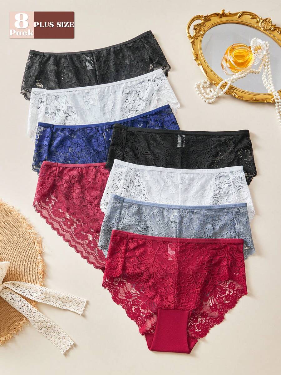 8pcs Plus Size Sexy Sheer Lace-Patchwork Breathable Hipster Panties, Comfortable Home Essentials - Multicolor - View 1