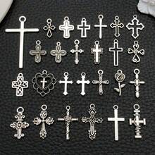 1 Pack Mixed Antique Silver Cross Collection Alloy Charm Hollow Assorted Cross Vintage Pendant For DIY Necklace Earrings Keychain Jewelry Making Craft Accessories