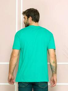 Men's Short Sleeve Printed Cotton T-Shirt WORLD - 青碧色 - 查看 2