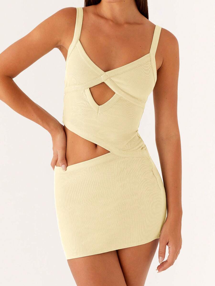 Women Cut Out Cami Dress Slim Solid Color V Neck Sleeveless Open Back Mini Bodycon Dress - 黃色 - 查看 1