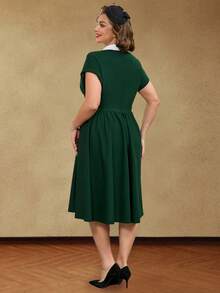 AOMEI Vintage Style Plus Size Dresses Loose Peter Pan Collar Lace Buttons Dark Green & White Color Blocking, Party Dress, Wedding Guest Dress - Dark Green - View 6