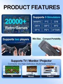Mini Video Games Console 20000+ Retro Games Sticks Gamepads Machine Supports TV Monitor Projector Supports PS1 MD SFC FC ATA-RI GBA GBC GB MAME 9 Simulator Dual Wireless Controller Childhood 64GB Games Portable Plug & Play Video Portable Consoles For Kid Boy Gift,Some Games In Different Versions,Black ﻿